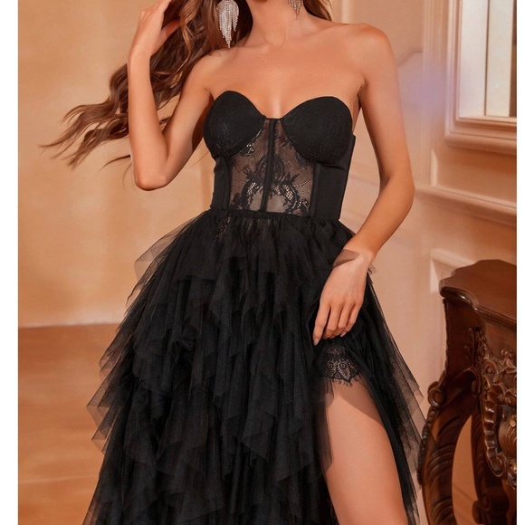 Luxe Strapless Lace Party Holiday Evening Formal Wedding Party - Picture 9 of 15